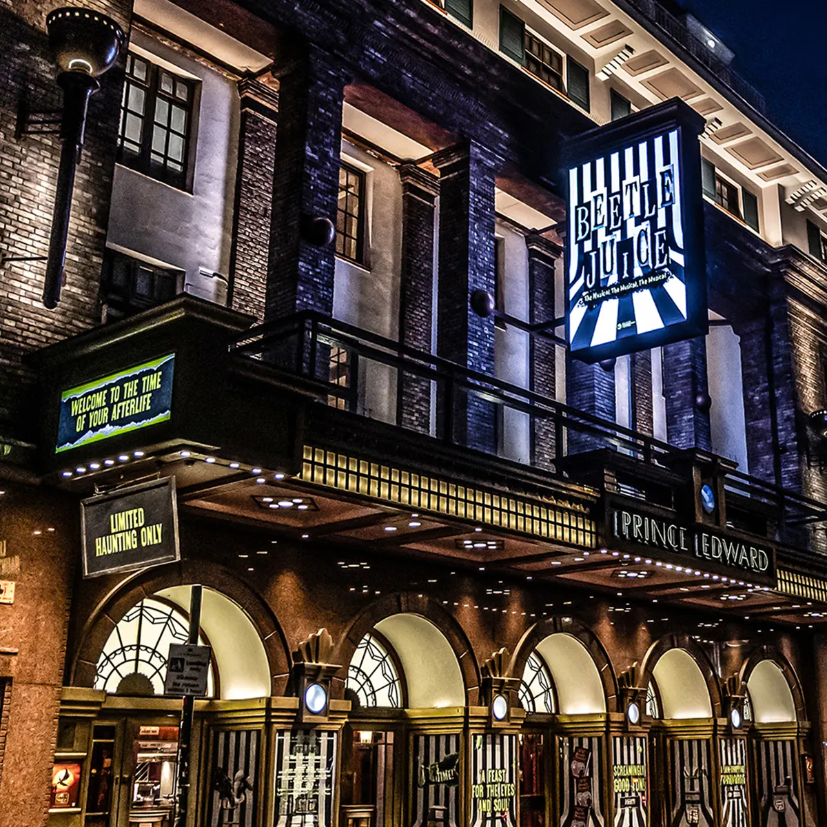 Prince Edward Theatre front of house with Beetlejuice signage