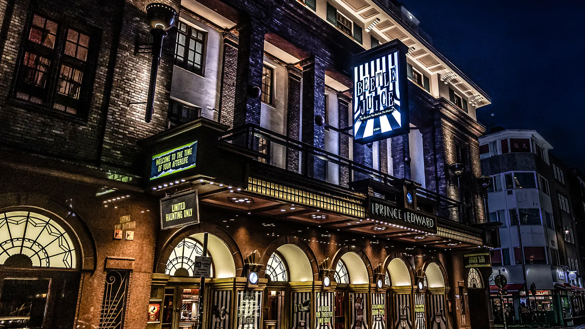Prince Edward Theatre front of house with Beetlejuice signage